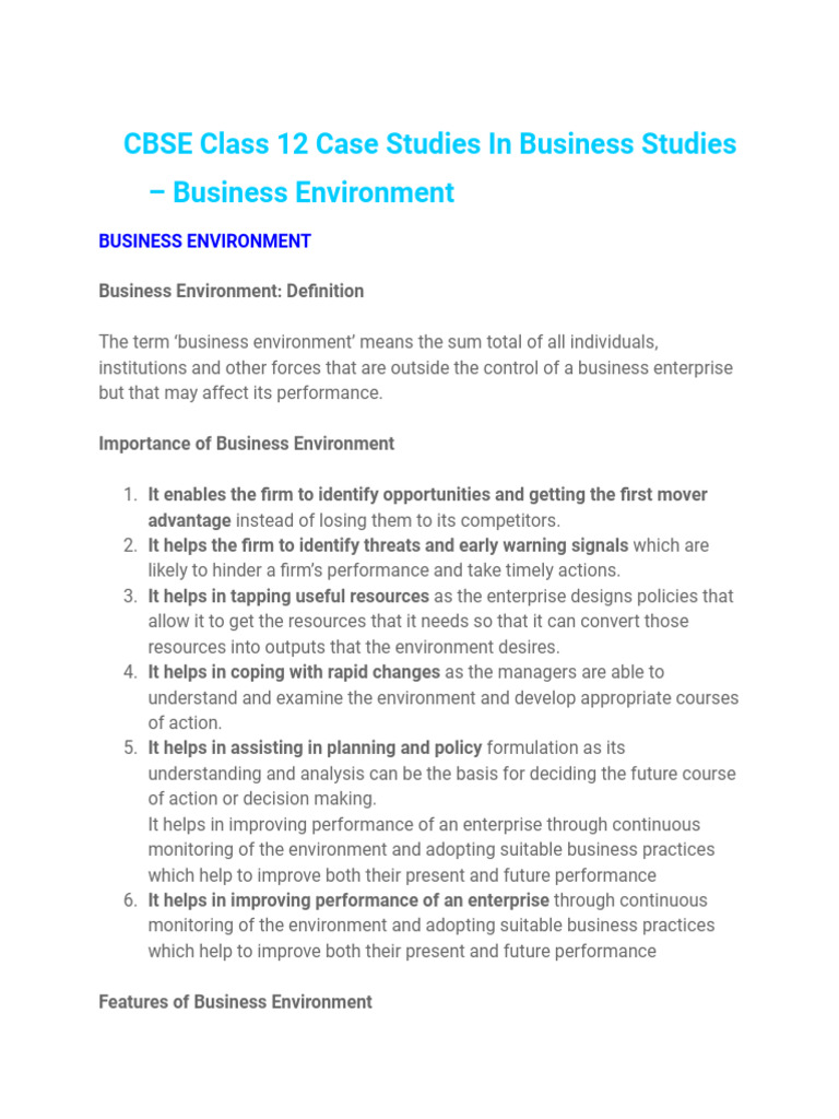 CBSE Class 12 Case Studies in Business Studies Business Environment