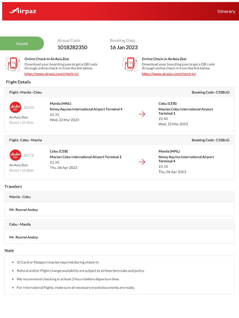 Airpaz Flight Itinerary 1018282350 | PDF