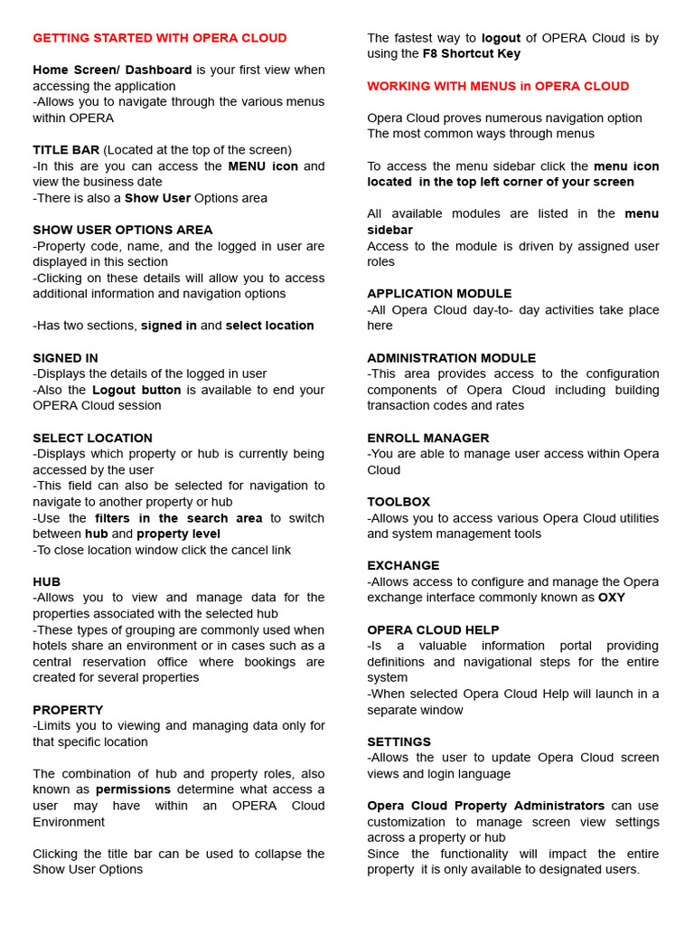 Opera Cloud User Guide Overview | PDF | Menu (Computing) | Icon (Computing)