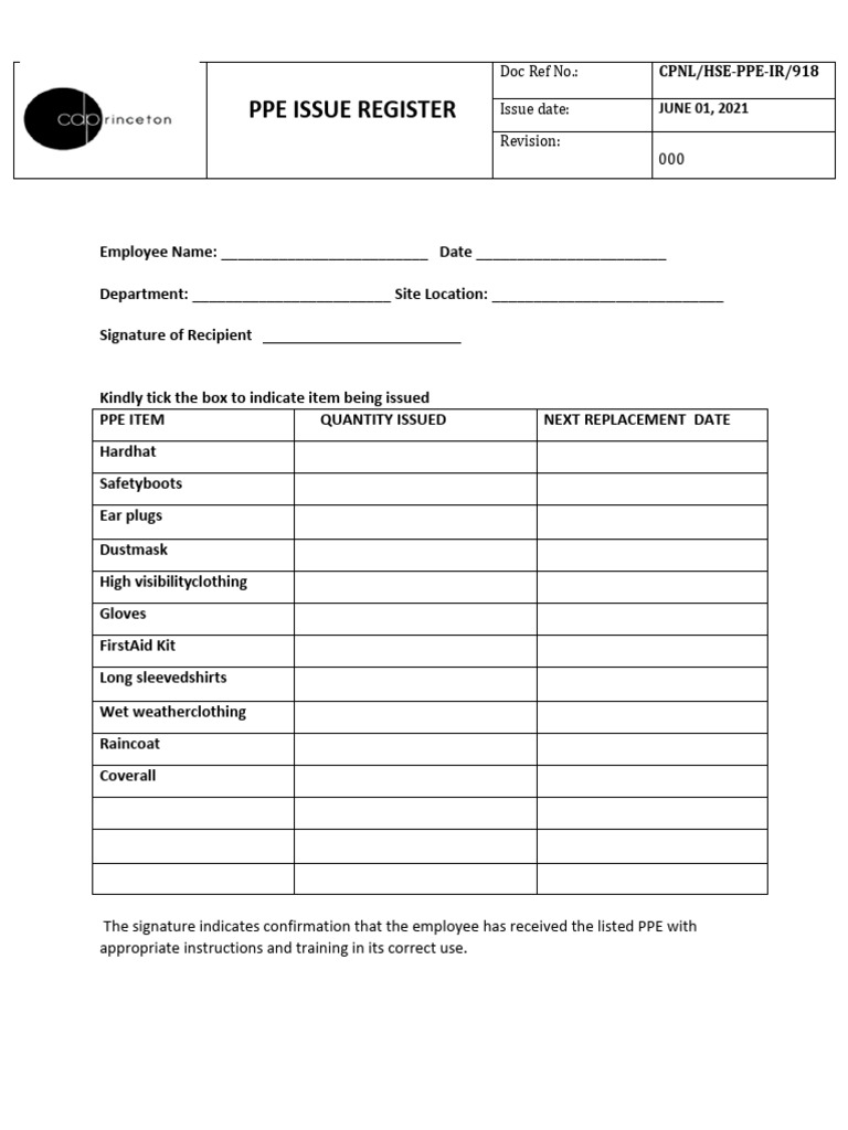 Personal Protective Equipment (Ppe) Issue Register PDF