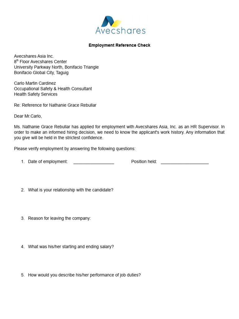 HR Reference Check Request | PDF | Self-Improvement