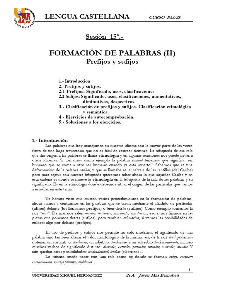LENGUA CASTELLANA FORMACIÓN DE PALABRAS (II) PREFIJOS Y SUFIJOS | PDF ...