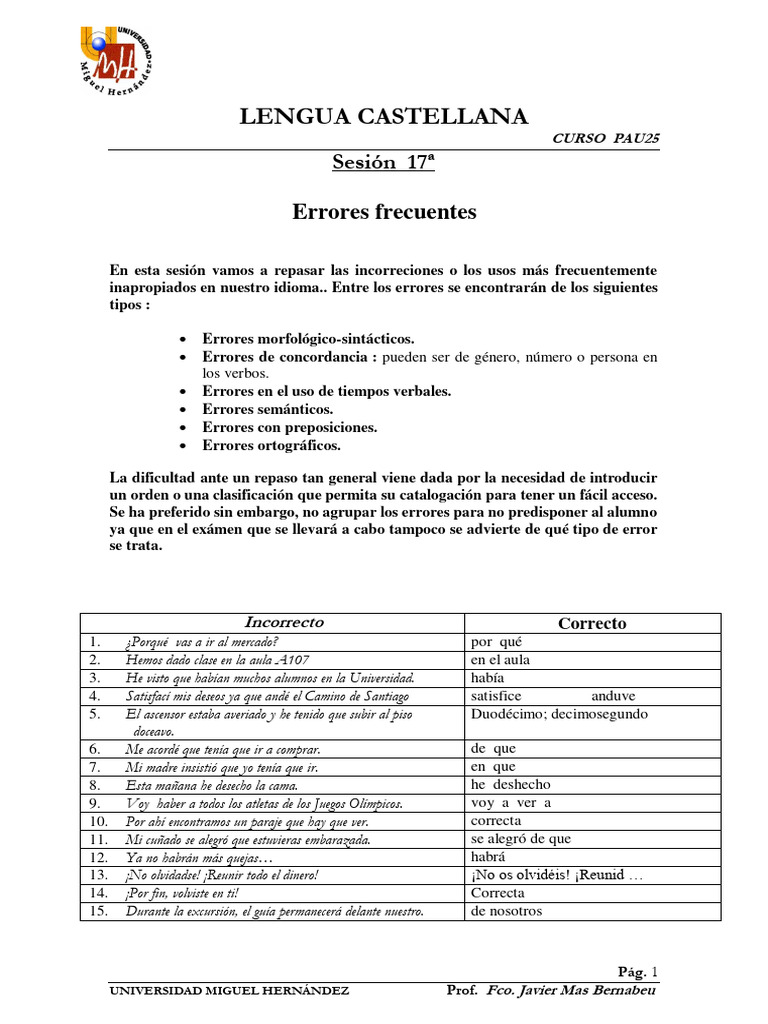 Errores comunes en lengua castellana | PDF | Lingüística | Gramática