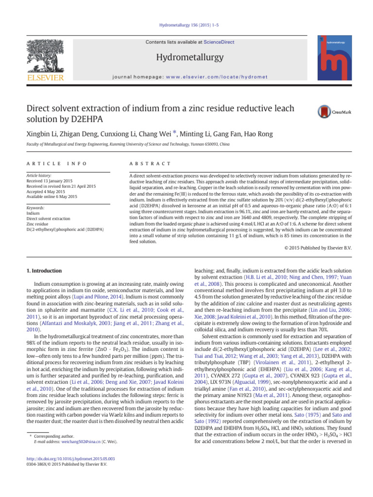 Indium Recovery via D2EHPA Solvent Extraction | PDF | Iron | Zinc