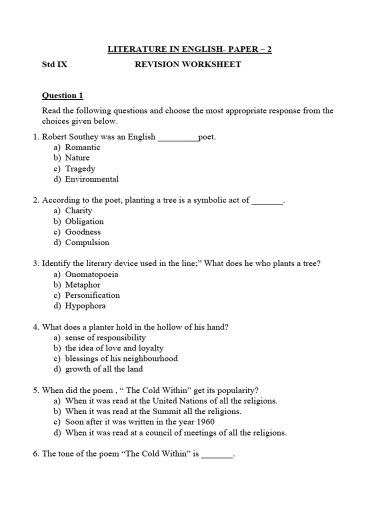 Grade 9 English Literature Worksheet | PDF