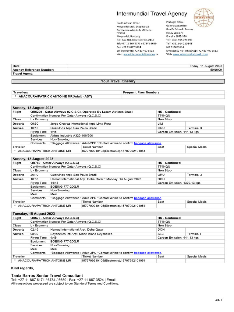 Travel Document Anacoura-Patrick Antoine MR Qatar - Lima Sao Paulo Doha