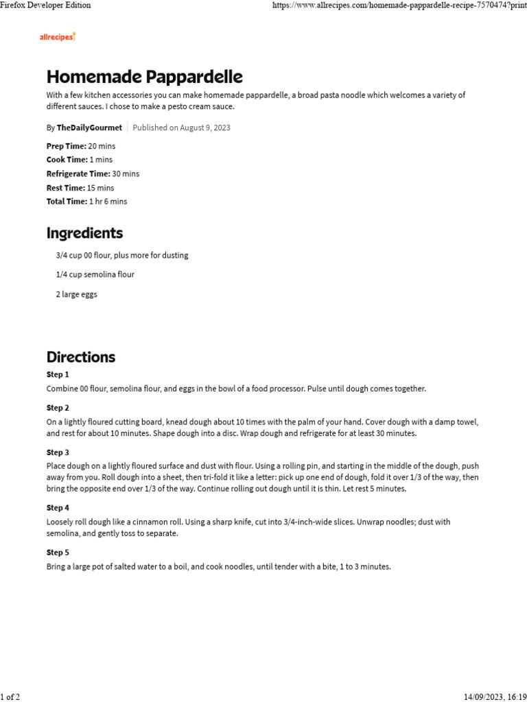 Homemade Pappardelle Recipe 7570474 PDF Pasta Dough
