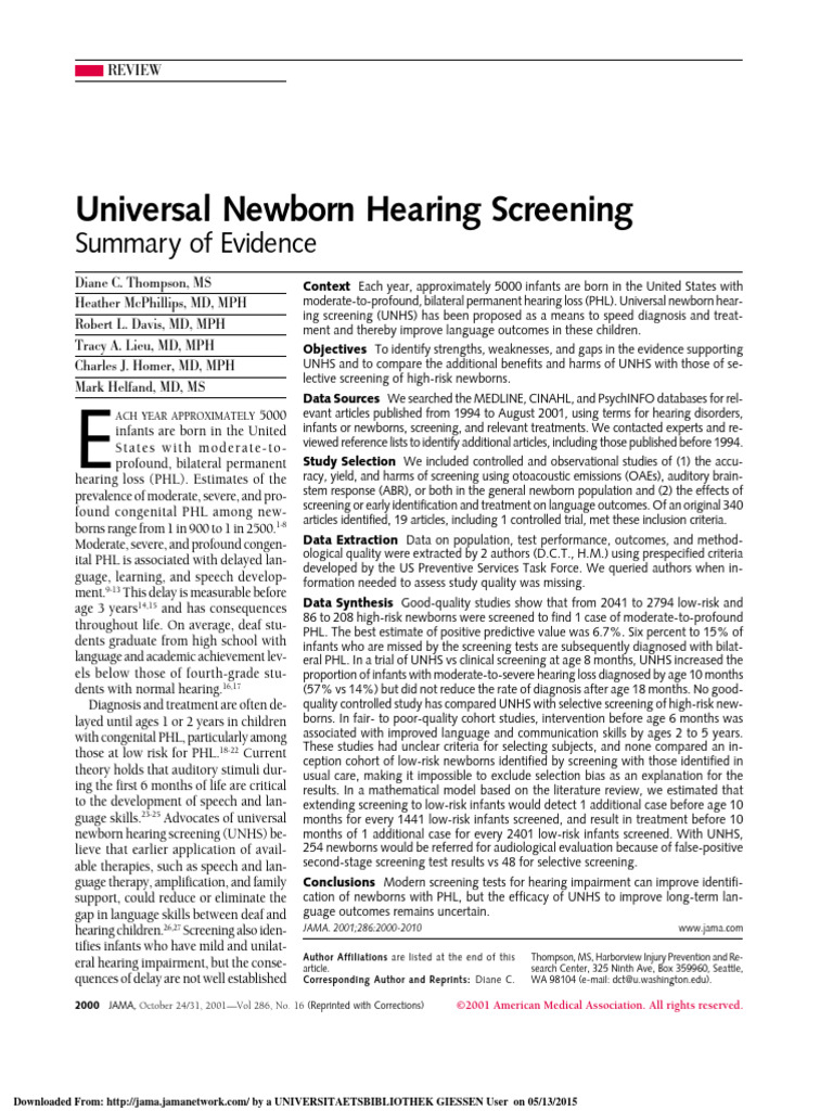 Universal Newborn Hearing Screening 2001 PDF Hearing Loss
