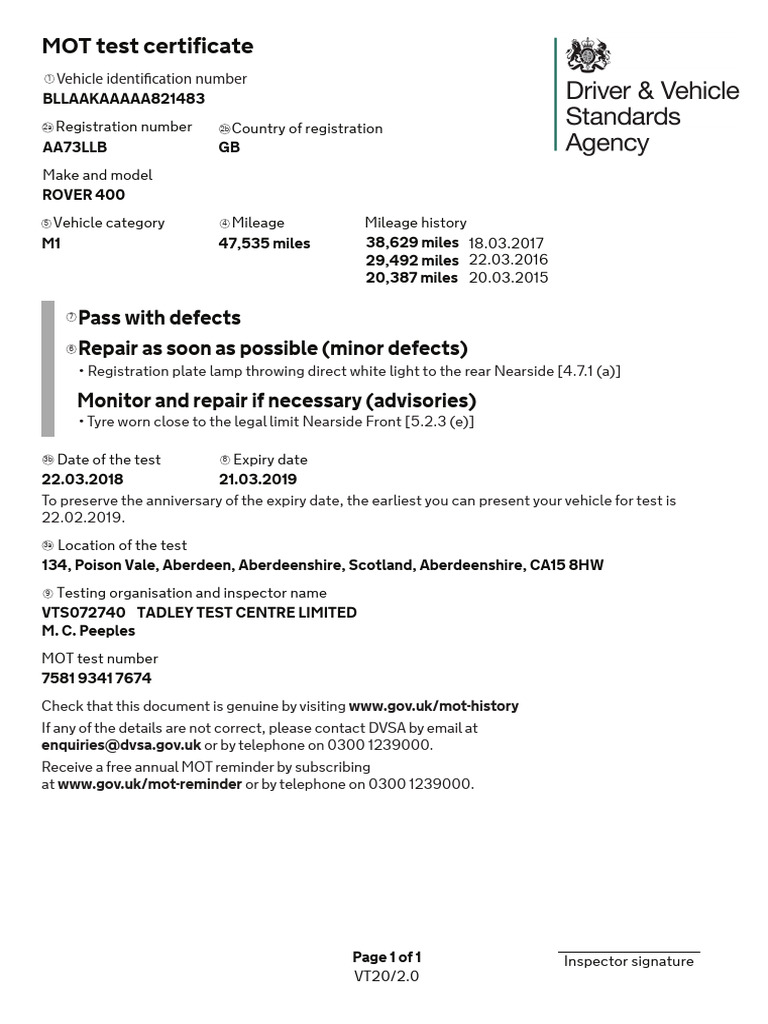 Dvsa vt20 Mot Test Certificate New Design Defects | PDF