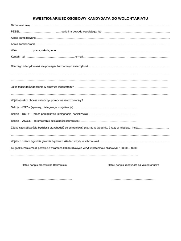 Kwestionariusz Osobowy Wolontariat Aktualny PDF