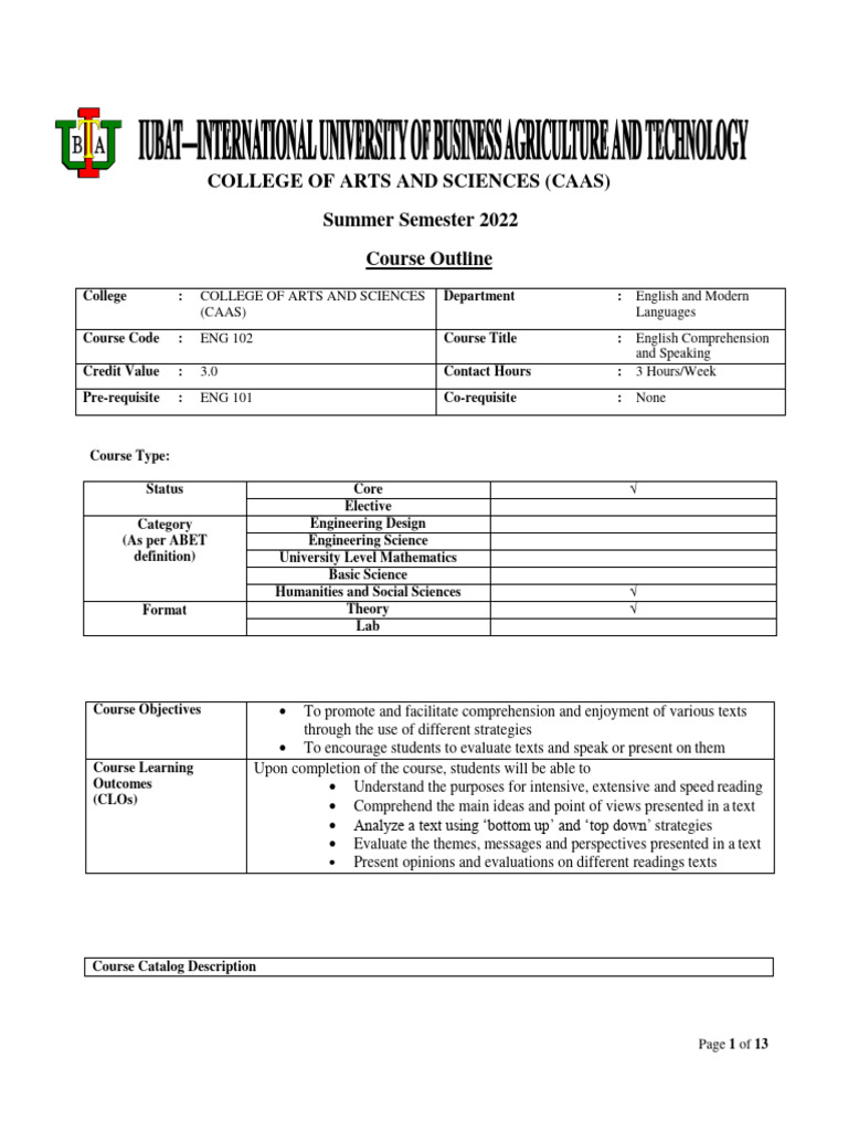 ENG 102 Course Outline PDF English As A Second Or Foreign Language