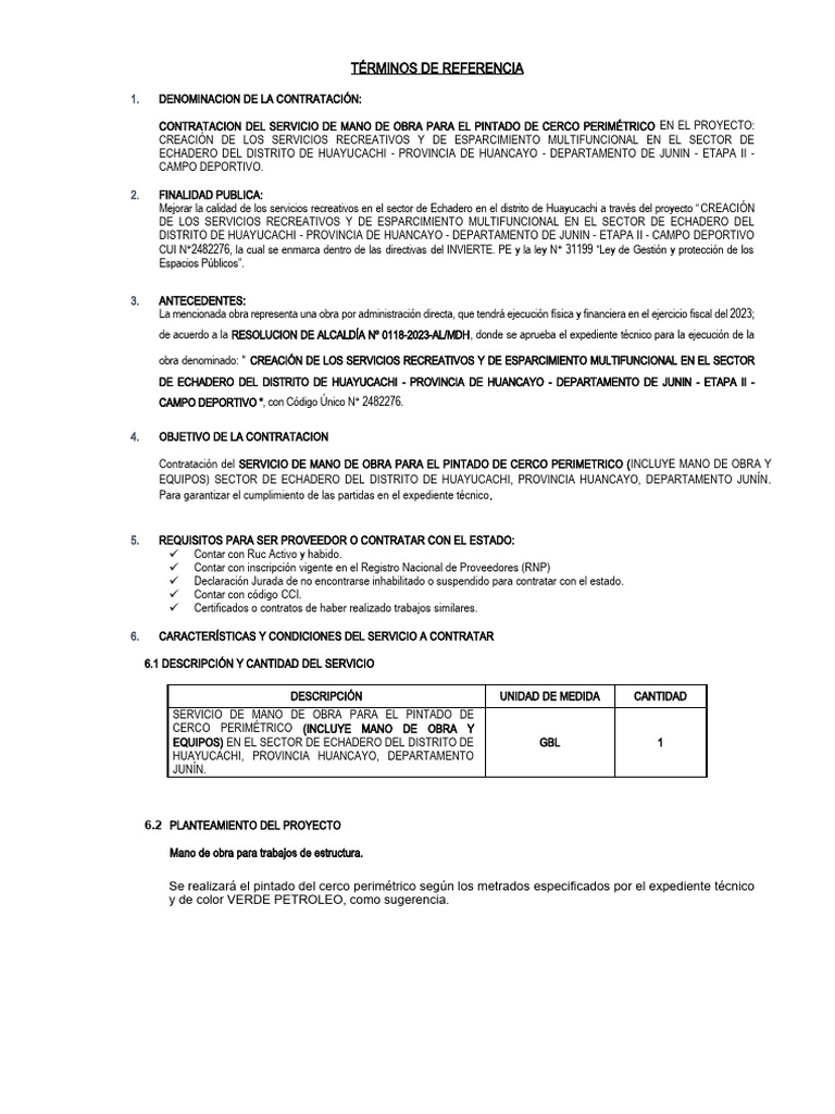 TDR - Serv de Mano de Obra Pintado Cerco | PDF | Derecho privado ...