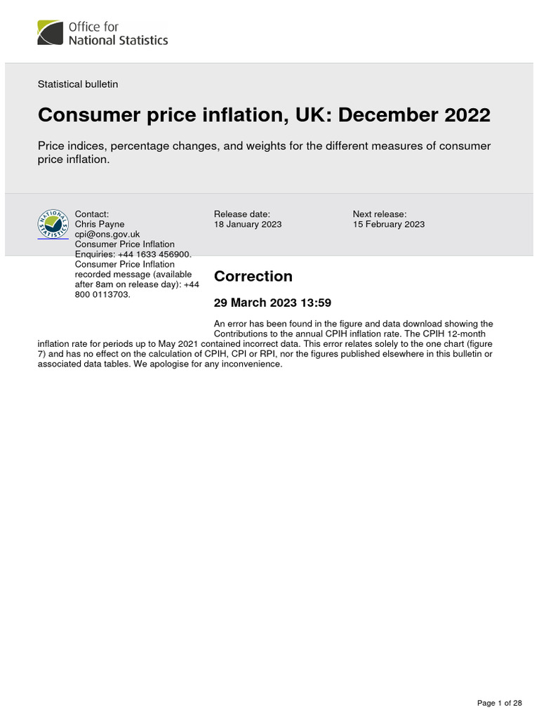UK Consumer Price Inflation: Dec 2022 | PDF | Cost Of Living | Consumer ...