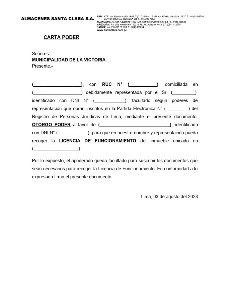 MODELO - Carta Poder - Licencia de Funcionamiento | PDF