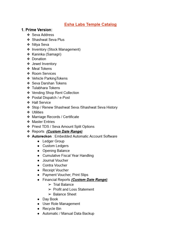 Esha Labs Temple Software Catalog | PDF