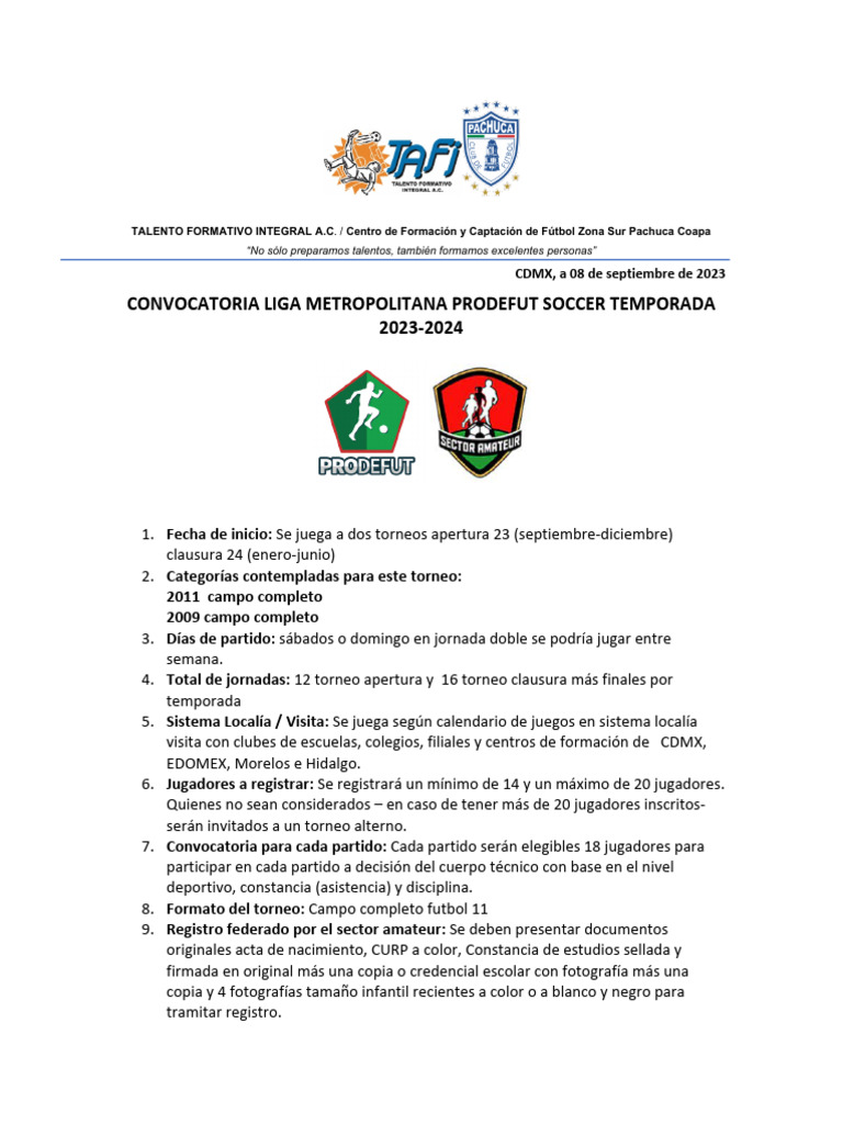 Convocatoria LIGA PRODEFUT SOCCER TEMPORADA 20232024 PDF