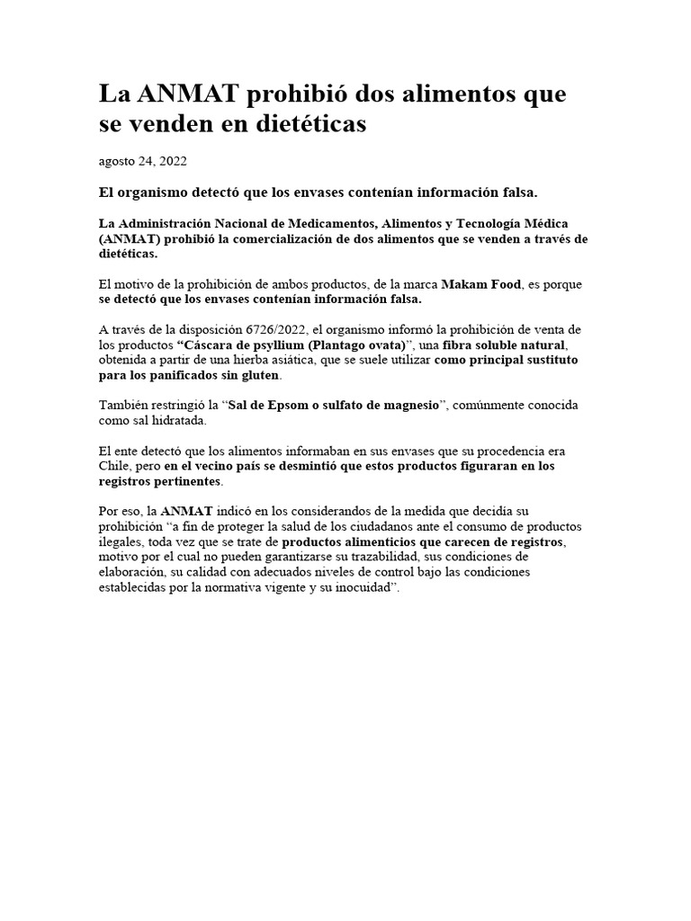 Prohibición de alimentos falsificados ANMAT | PDF