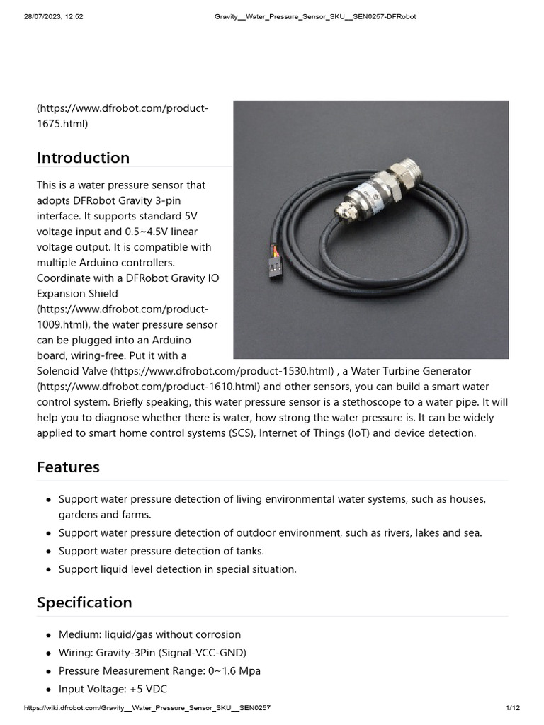Gravity Water Pressure Sensor SKU SEN0257-DFRobot | PDF | Sensor | Water