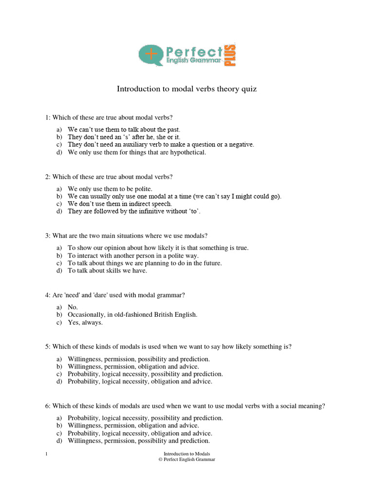 1 introduction to modals theory quiz pdf verb grammar