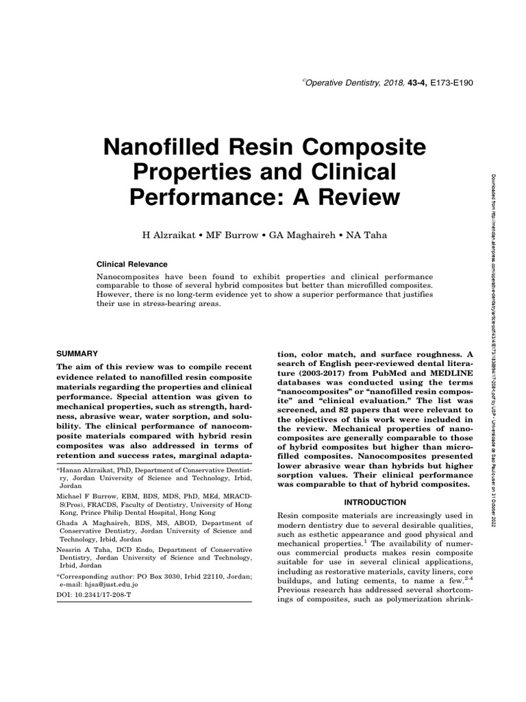 Nanofilled Resin Composite Properties and Clinical Performance A