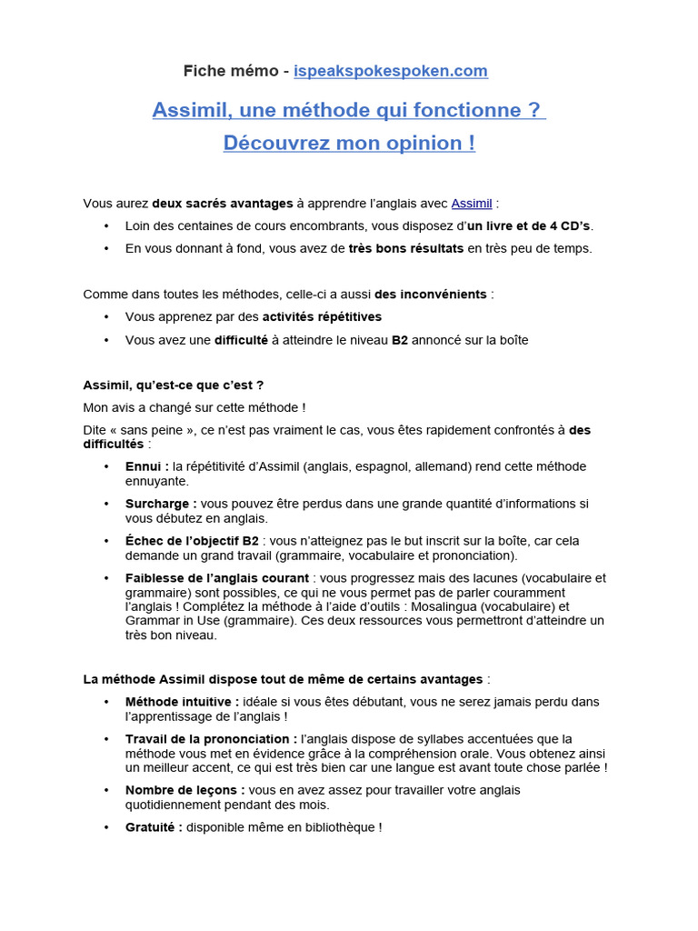 Avis sur la méthode Assimil anglais | PDF | Langue anglaise ...