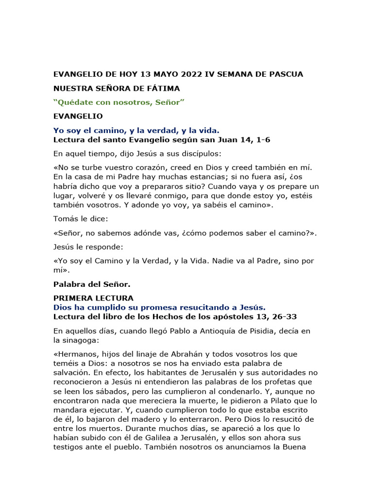 EVANGELIO DE HOY 13 MAYO 2022 IV SEMANA PASCUA PDF Nuestra señora