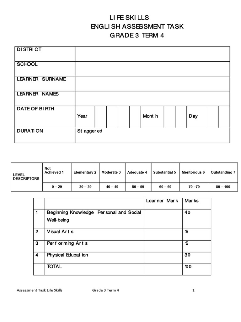 Grade 3 Term 4 Life Skills Assessment | PDF | Bees