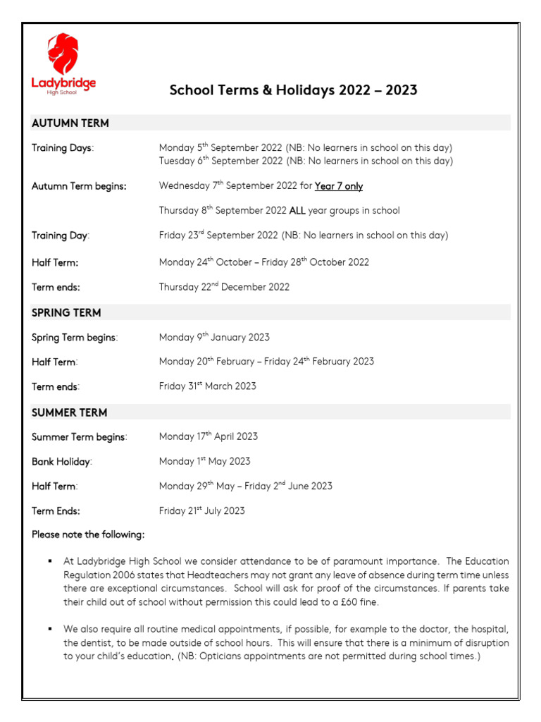School Terms Holidays 2022 2023 PDF