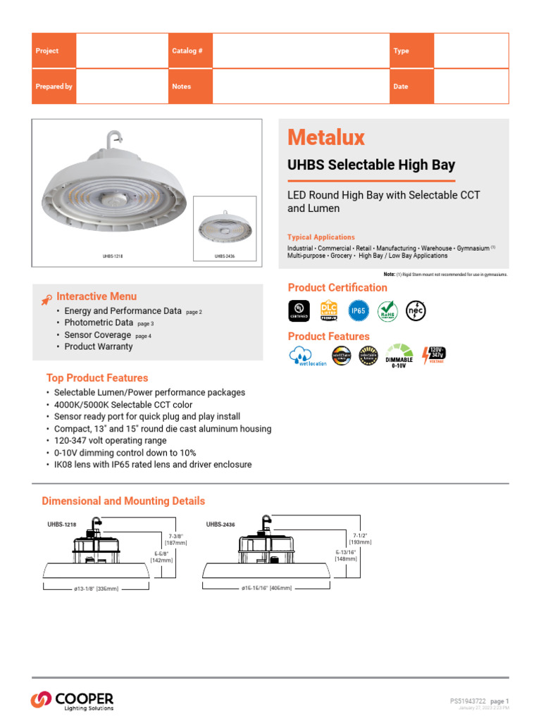 Metalux Uhbs Round Selectable Highbay Specsheet PDF Electrical