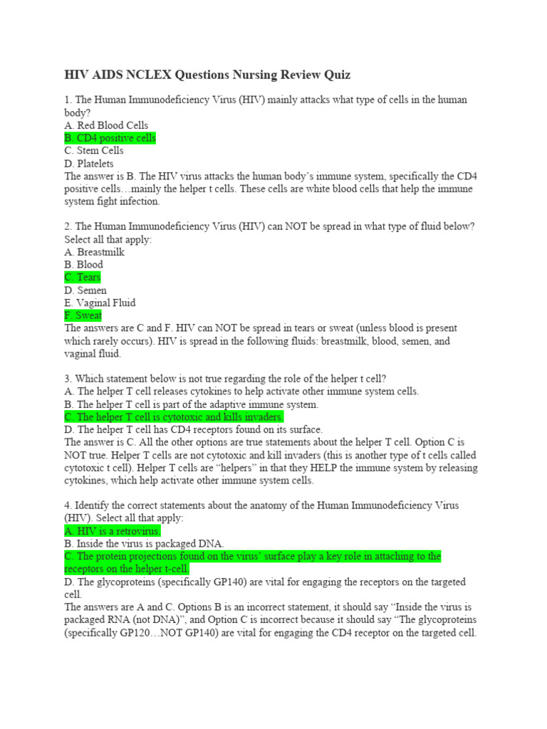 HIV AIDS NCLEX Questions Nursing Review Quiz PDF Hiv/Aids