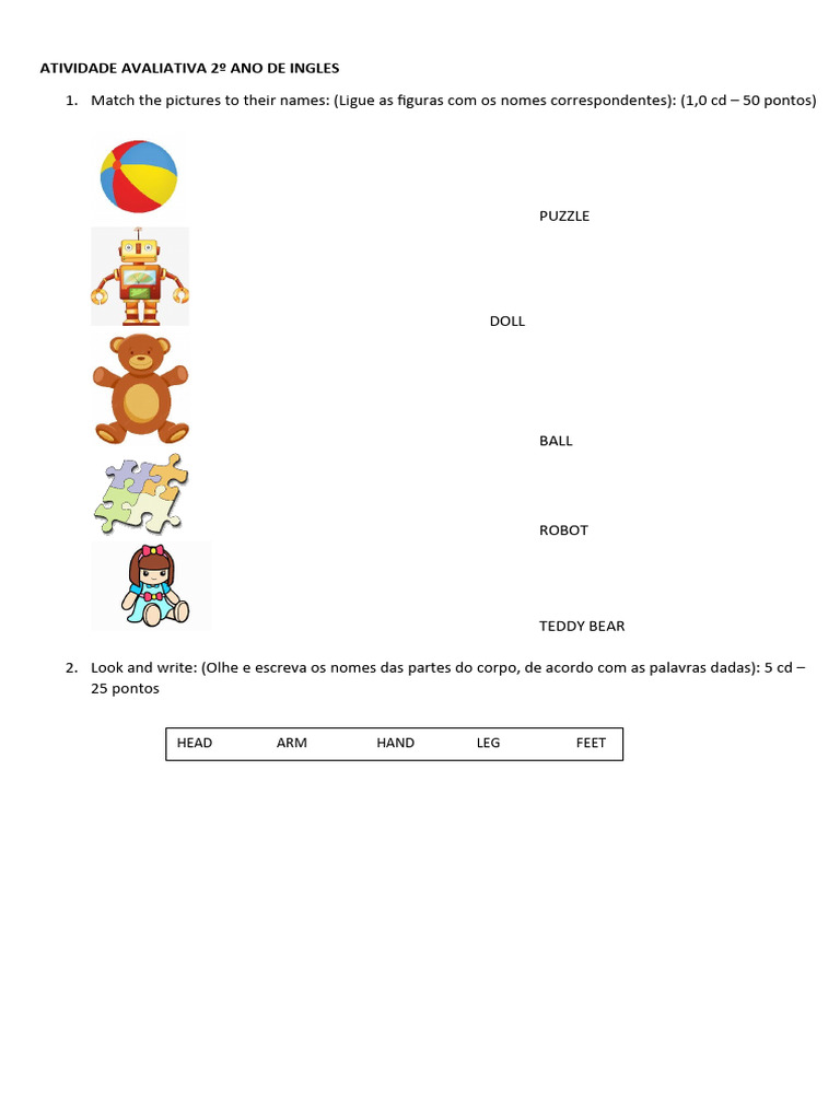 Atividade Avaliativa de Inglês 2º Ano | PDF