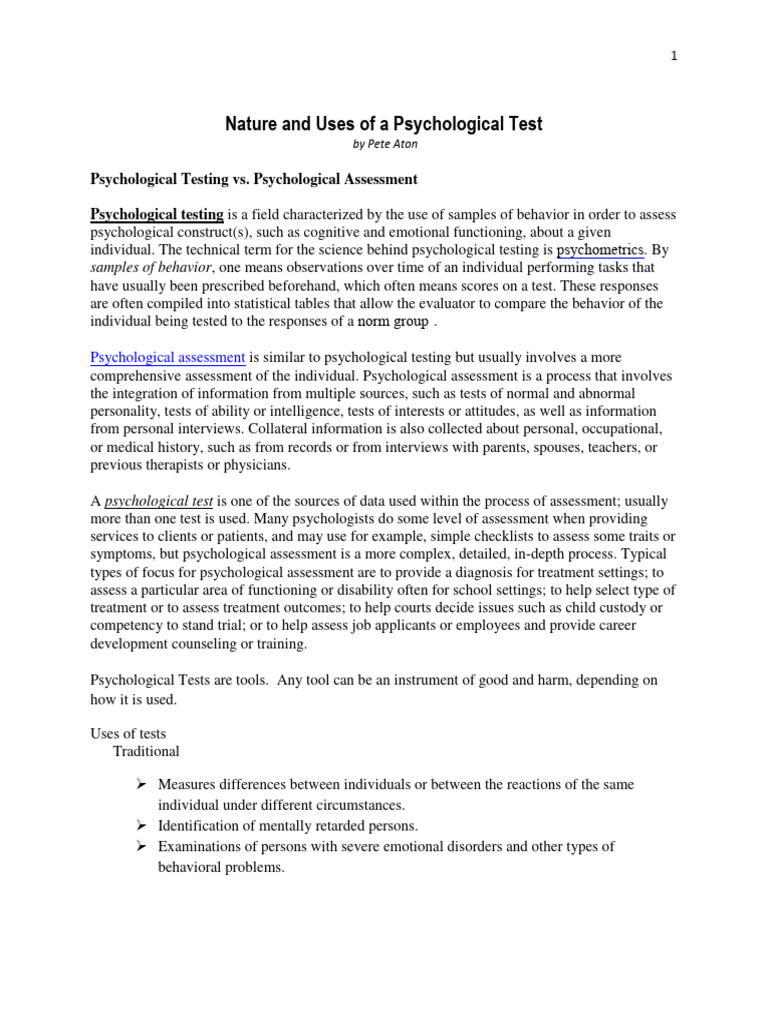 Nature and Uses of Psychological Tests | PDF | Psychological Testing ...