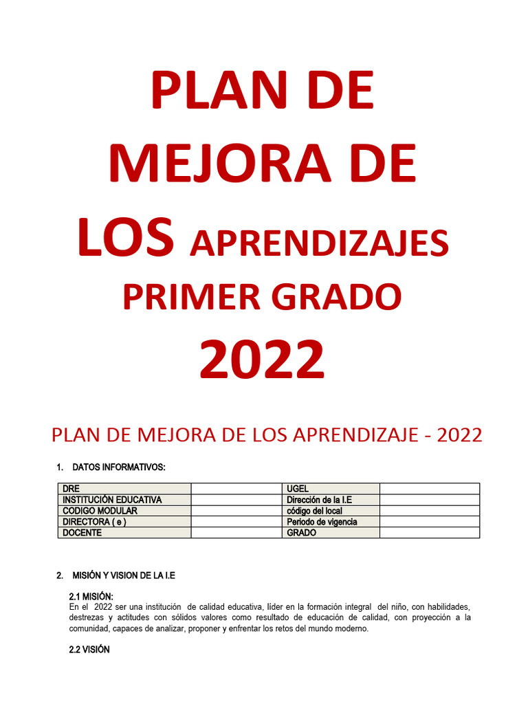 Plan de Mejora Primer Grado AMAUTA PERU | PDF | Evaluación | Educación ...