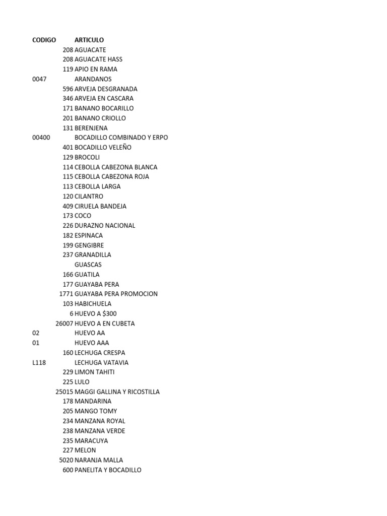 CODIGOS VERDURAS | PDF