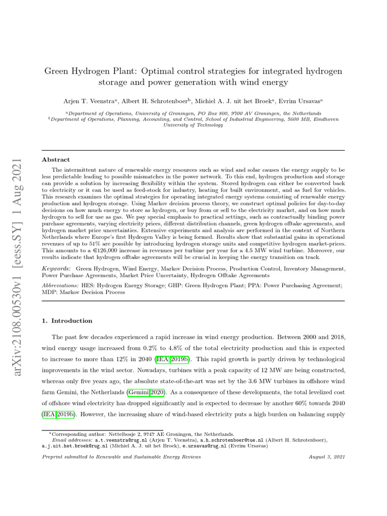 Optimal Control for Green Hydrogen Plants | PDF | Wind Power ...