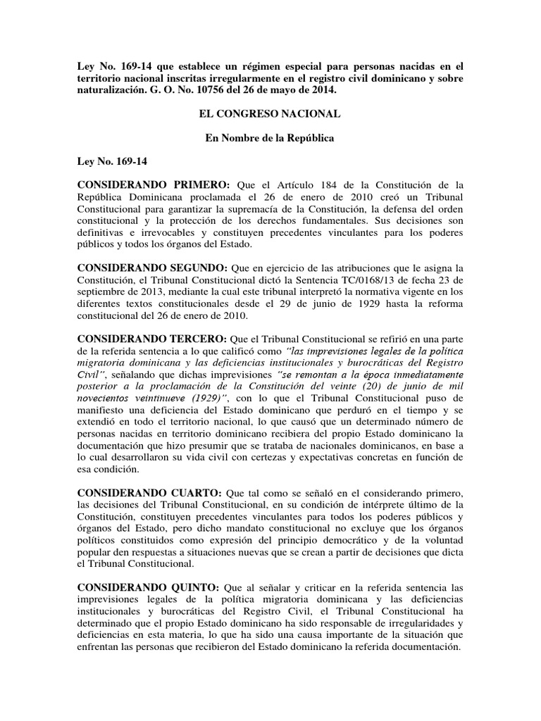 Ley Num. 16914 Regularizacion y Naturalizacion Extranjeros en El RC de
