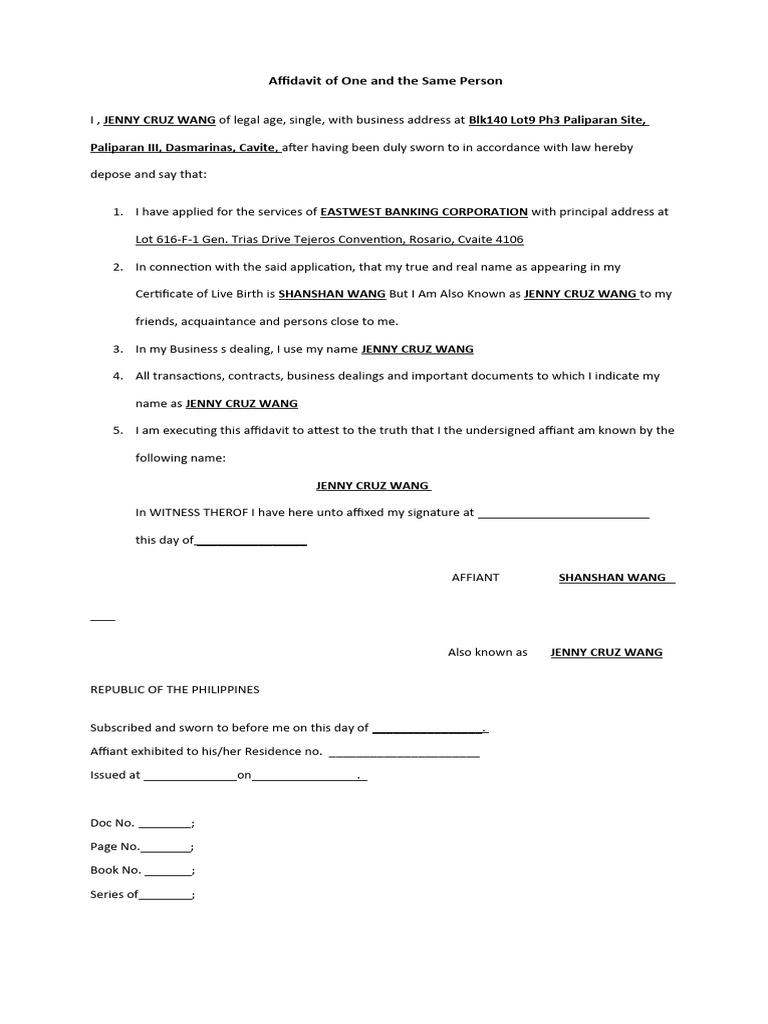 Affidavit of One and The Same - JENNY CRUZ WANG | PDF | Social Science ...
