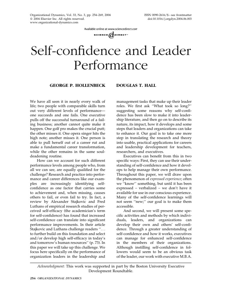 Self Confidence And Leader Performance Pdf Self Esteem Leadership