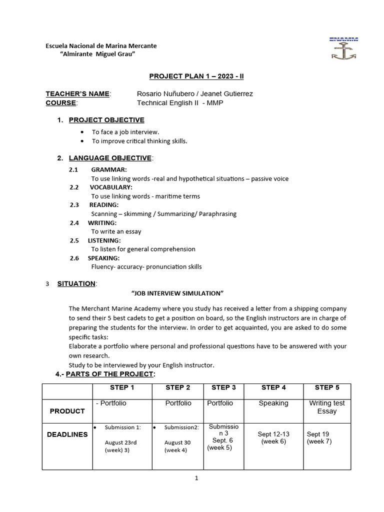 Project Plan 1Technical English II 20232 PDF Reading Comprehension Human Communication