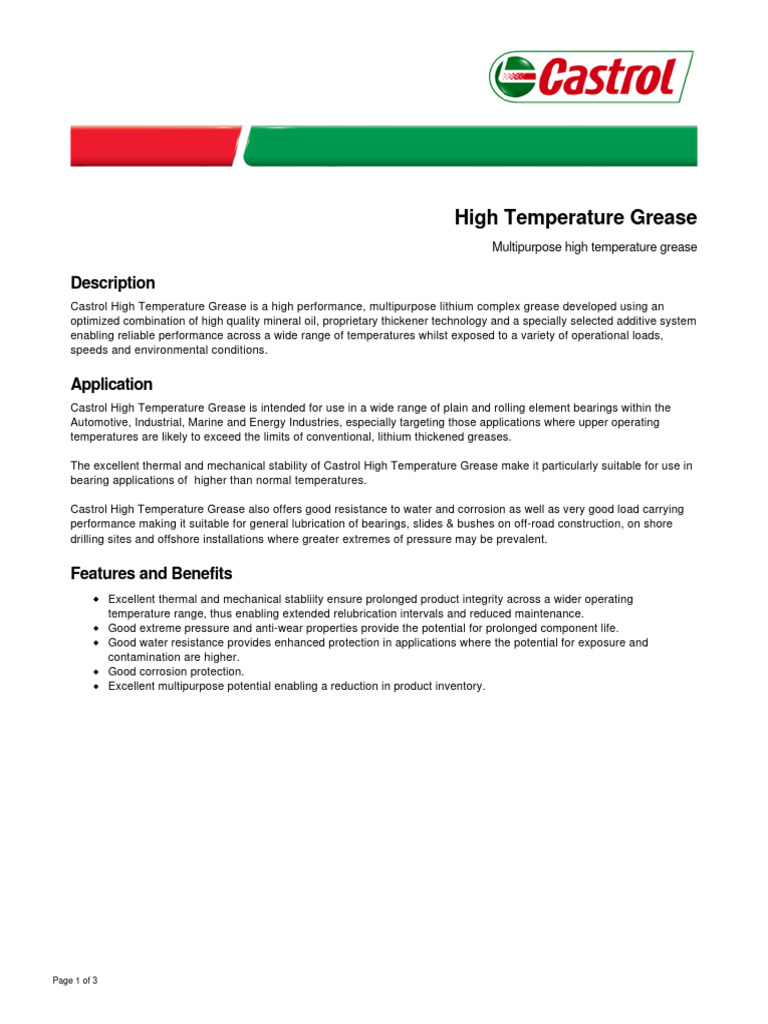 Castrol High Temperature Grease Overview | PDF | Bearing (Mechanical ...