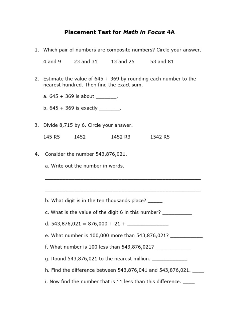 Math in Focus 4A Placement Test | PDF | Numbers | Arithmetic