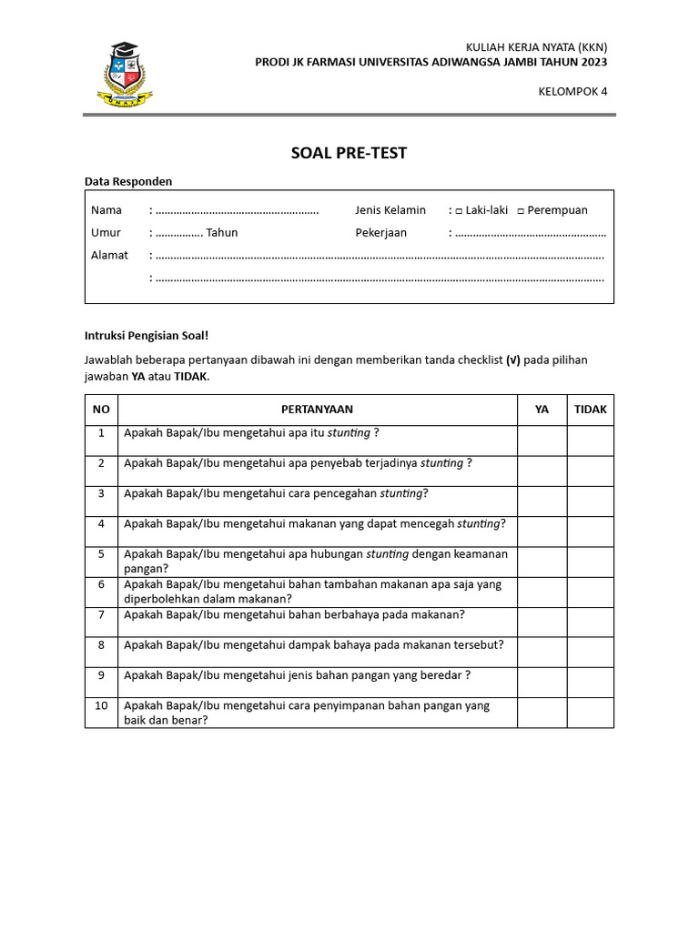 KKN 2023: Pre-Test Stunting dan Pangan | PDF