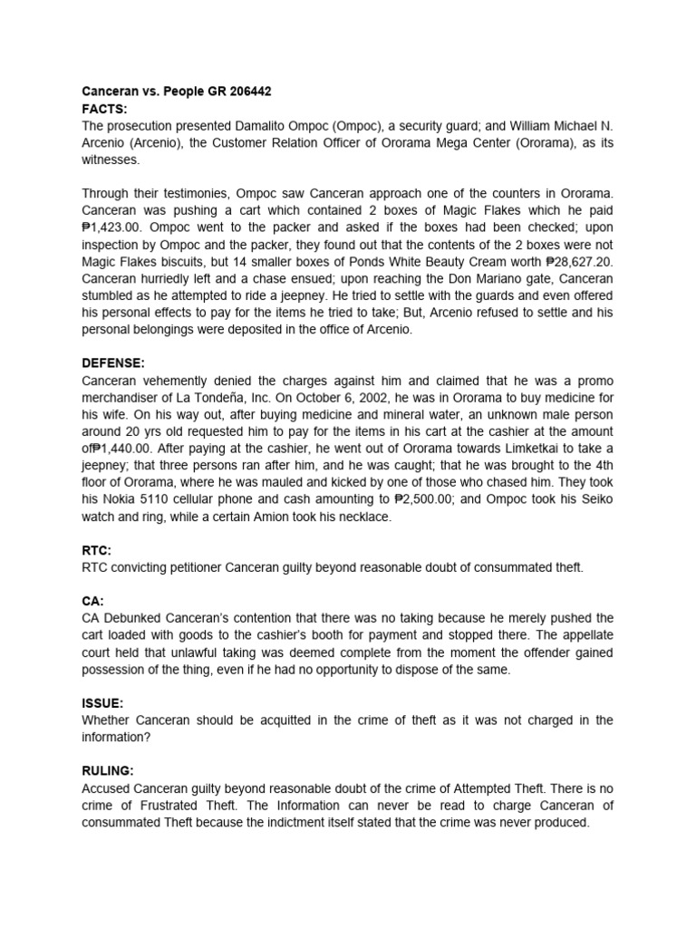Canceran Theft Case Analysis | PDF | Theft | Legal Procedure