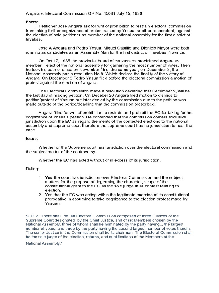 Angara v. Electoral Commission Case Summary | PDF | Supreme Court Of ...