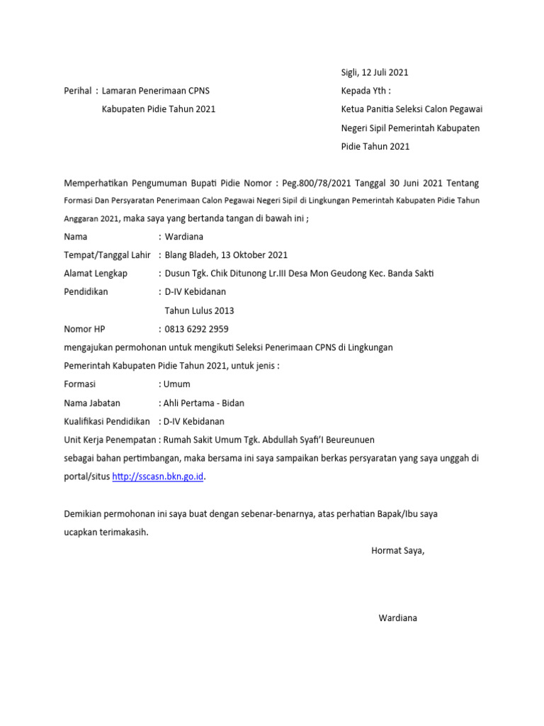 SURAT LAMARAN CPNS 2021 PIDIE | PDF