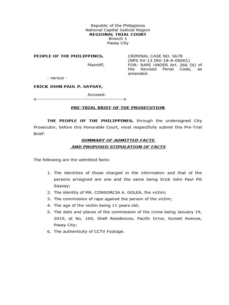Prosecution Pre-Trial Brief for Rape Case | PDF | Prosecutor | Affidavit