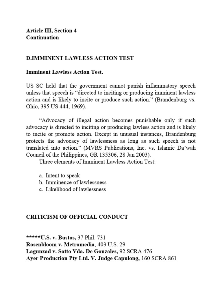 Imminent Lawless Action Test Explained | PDF | Legal Organizations ...