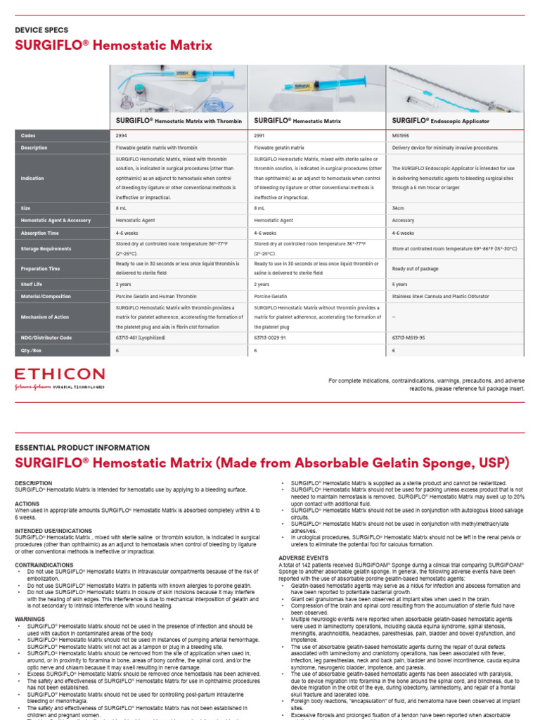 SURGIFLO Hemostatic Matrix Comparison Table | PDF | Hemostasis | Bleeding