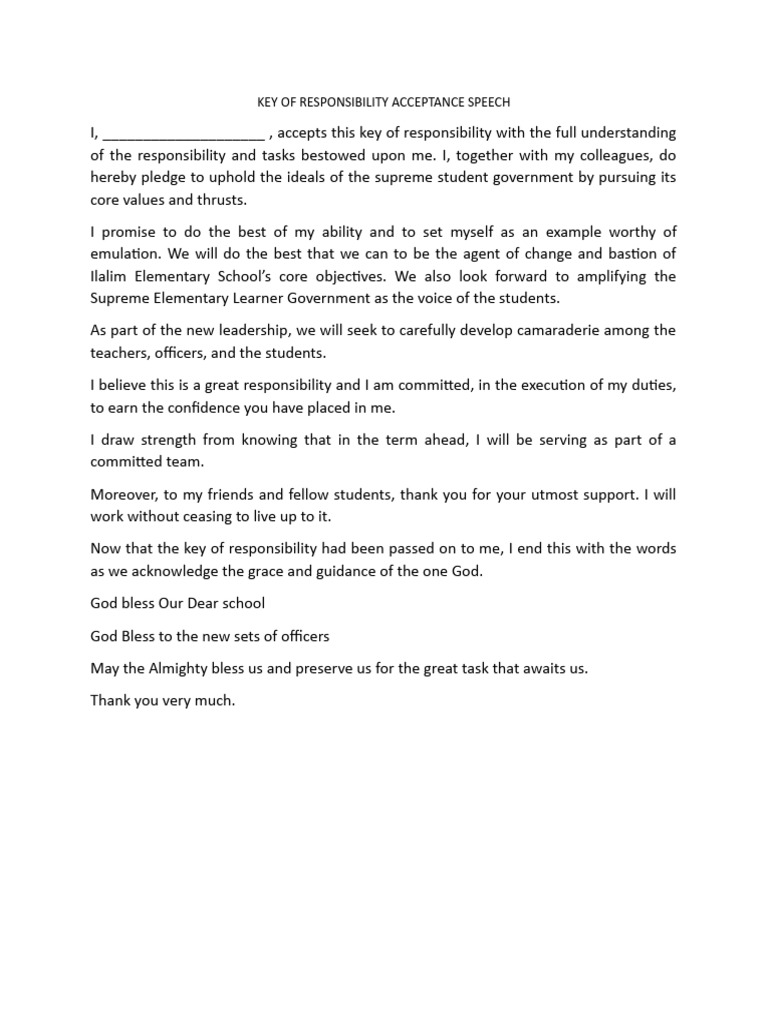 Key of Responsibility Acceptance Speech PDF