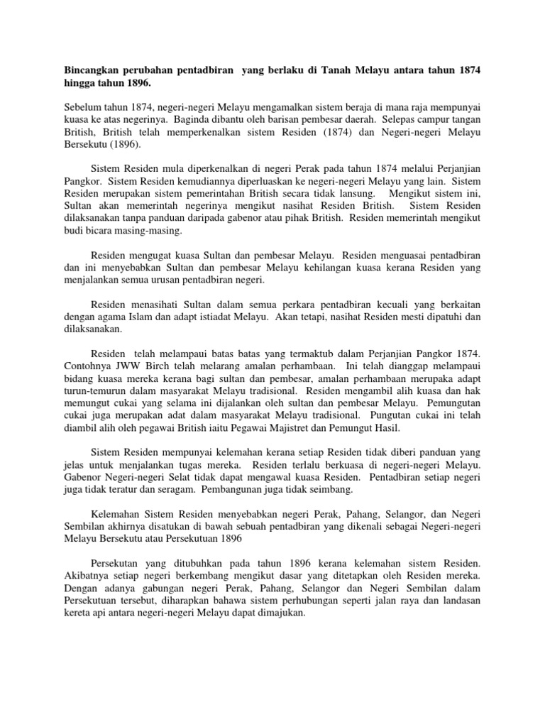 Bincangkan Perubahan Ran Yang Berlaku Di Tanah Melayu Antara Tahun 1874 Hingga Tahun 1896 Pdf